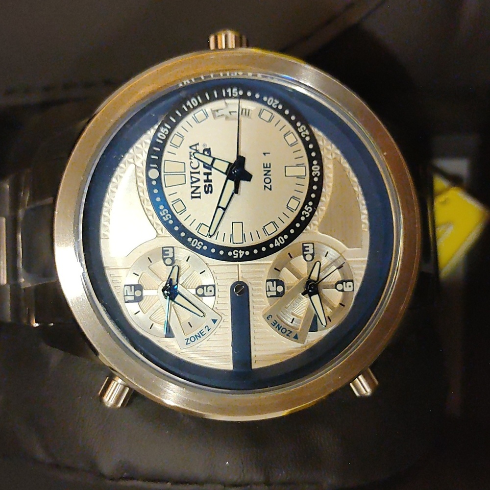 Invicta Shaq NWT 53mm Navy Blue/Silver Dial Tri Time Bracelet Watch